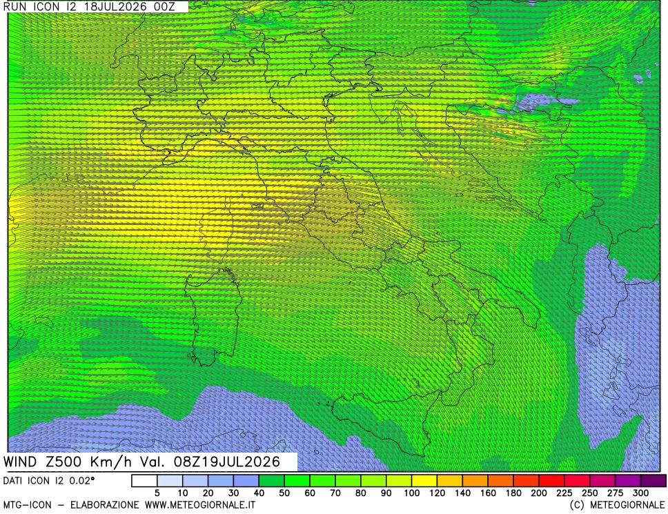 mappa 500 hPa Vento forza e direzione