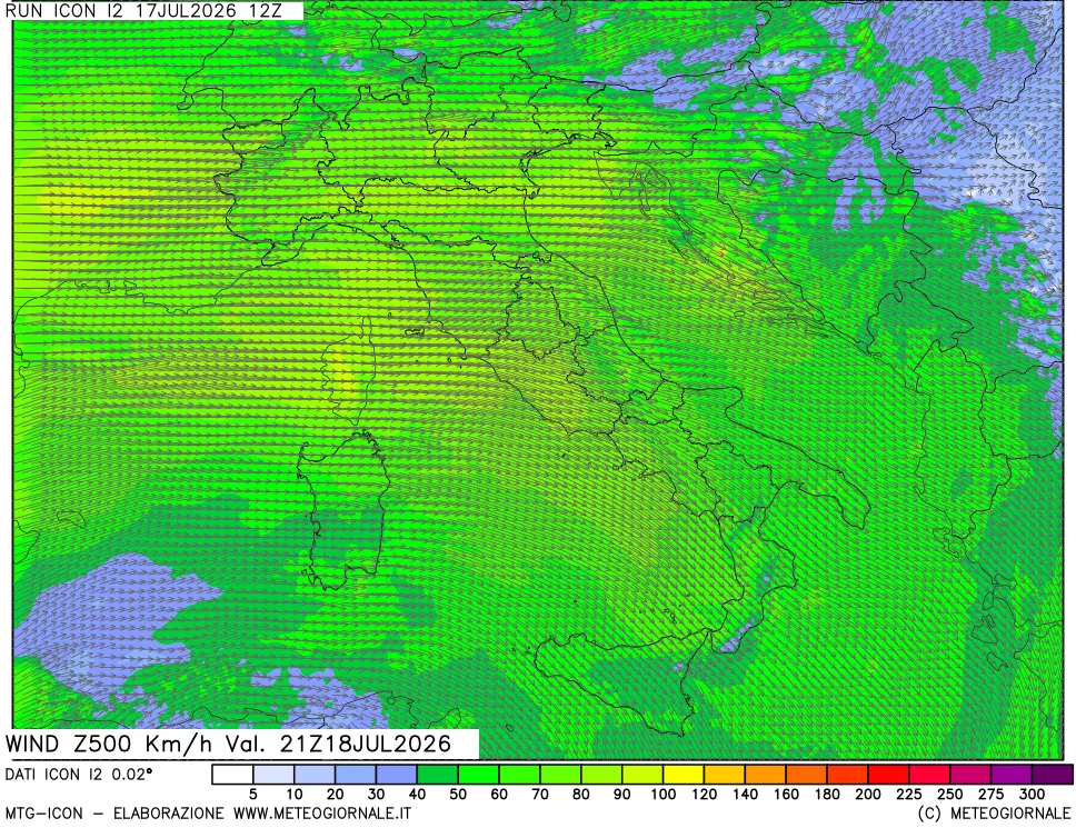 mappa 500 hPa Vento forza e direzione