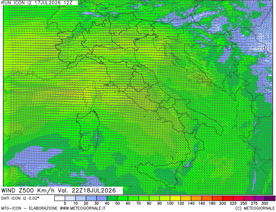 mappa 500 hPa Vento forza e direzione