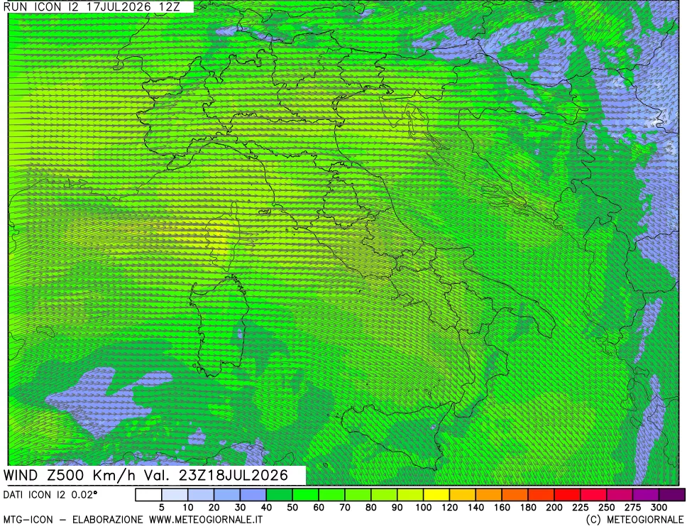 mappa 500 hPa Vento forza e direzione
