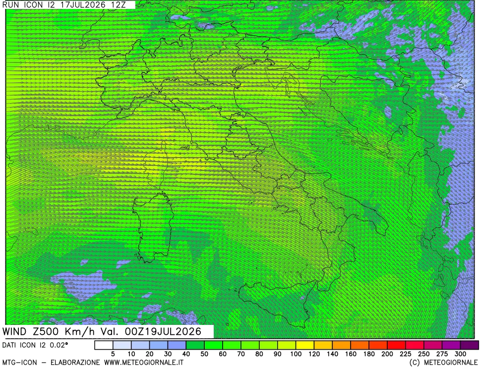mappa 500 hPa Vento forza e direzione