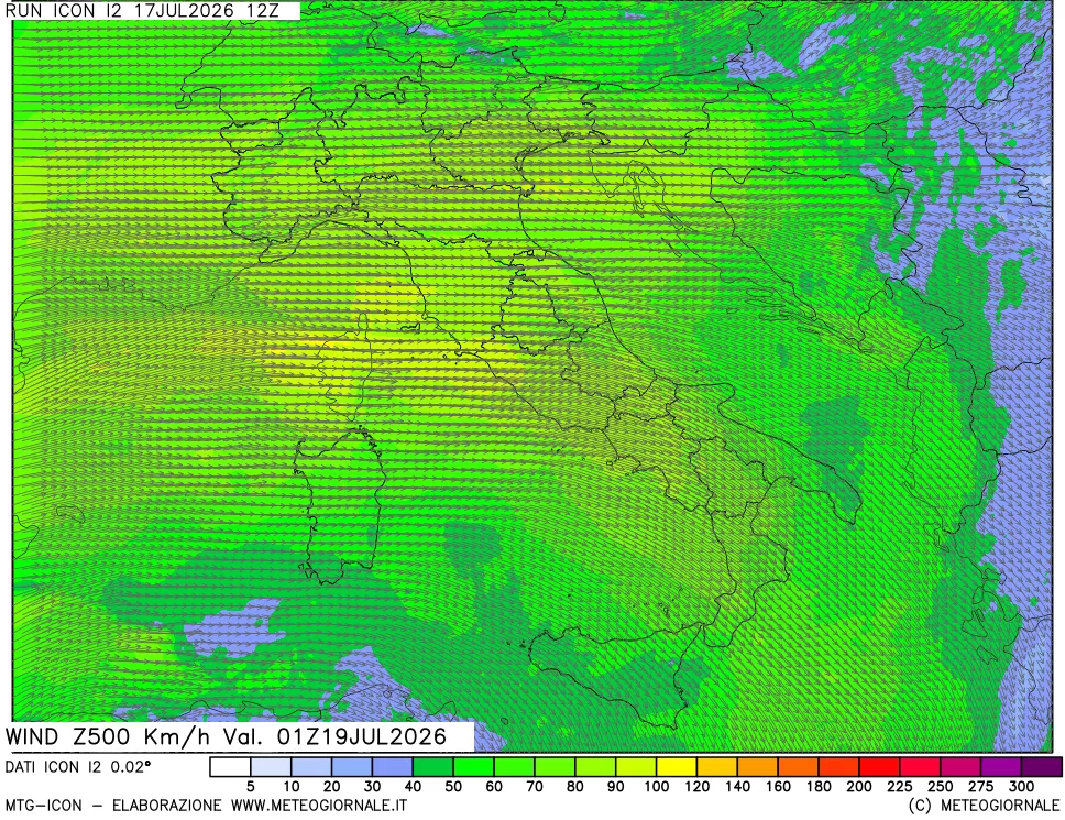 mappa 500 hPa Vento forza e direzione