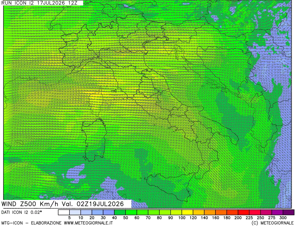 mappa 500 hPa Vento forza e direzione