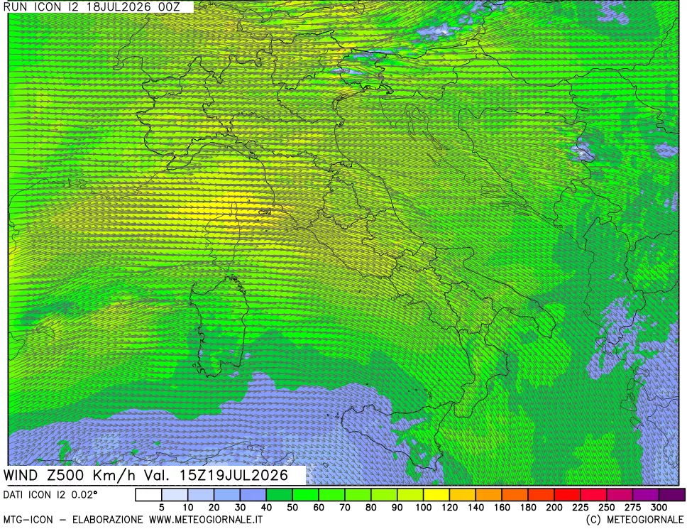mappa 500 hPa Vento forza e direzione