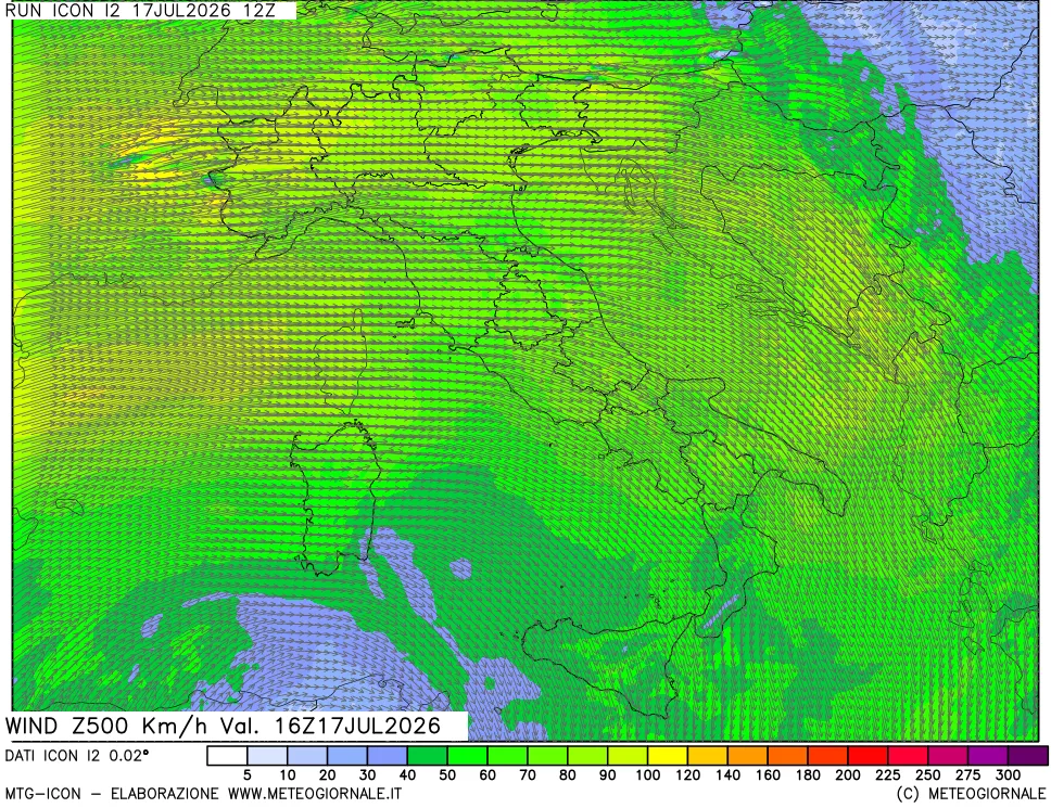 mappa 500 hPa Vento forza e direzione