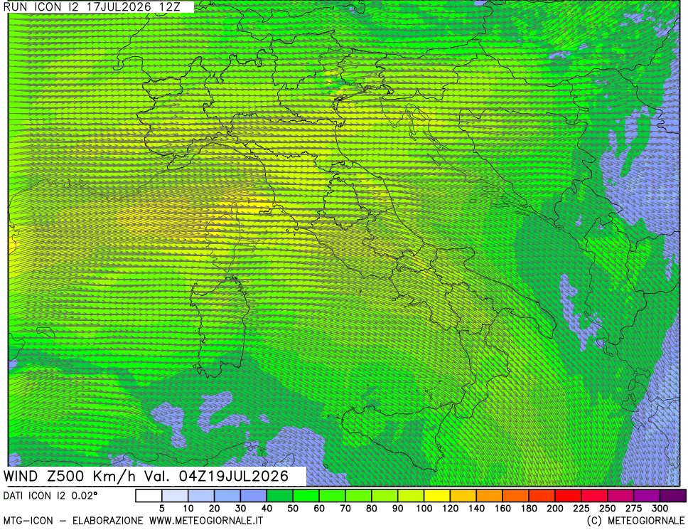 mappa 500 hPa Vento forza e direzione