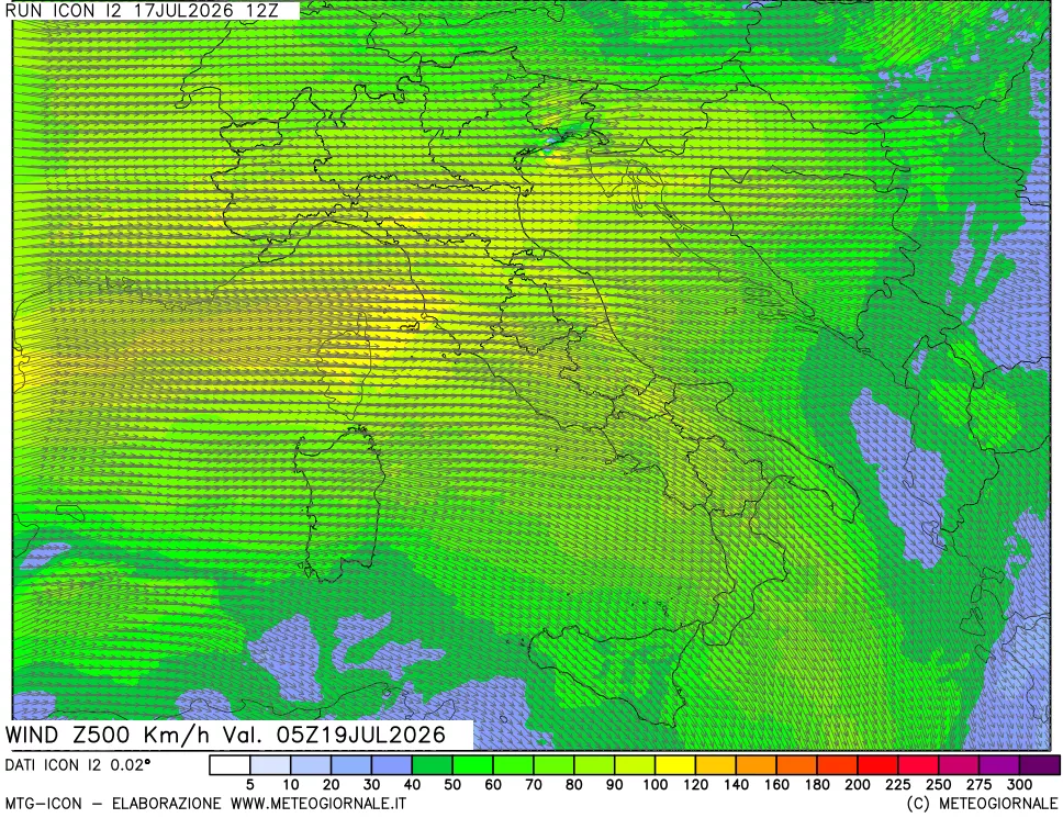 mappa 500 hPa Vento forza e direzione