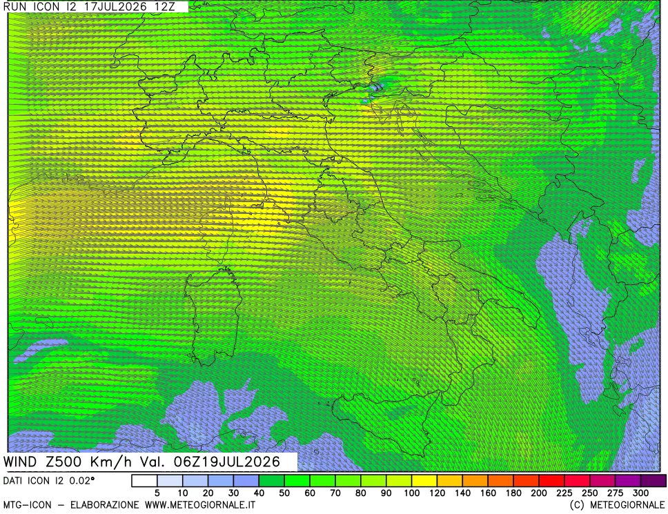 mappa 500 hPa Vento forza e direzione