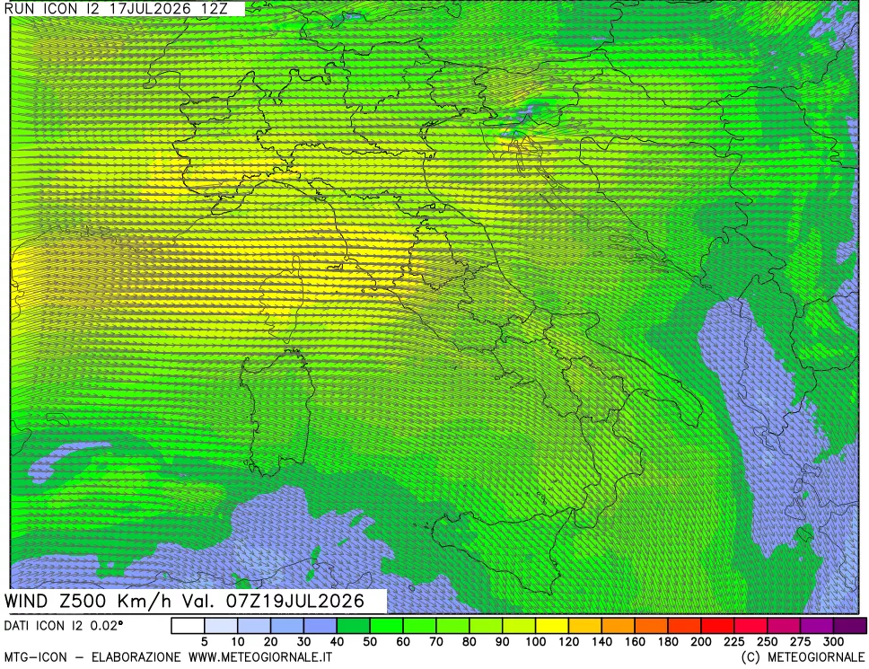 mappa 500 hPa Vento forza e direzione