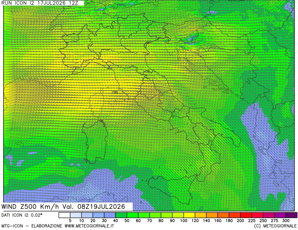 mappa 500 hPa Vento forza e direzione