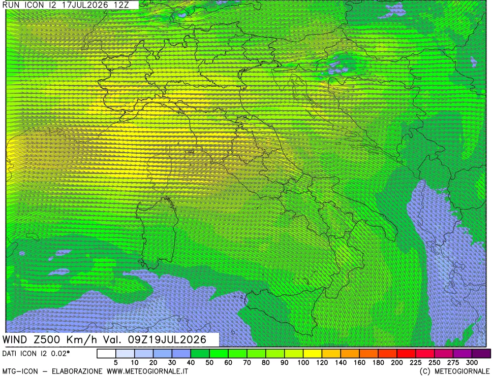 mappa 500 hPa Vento forza e direzione