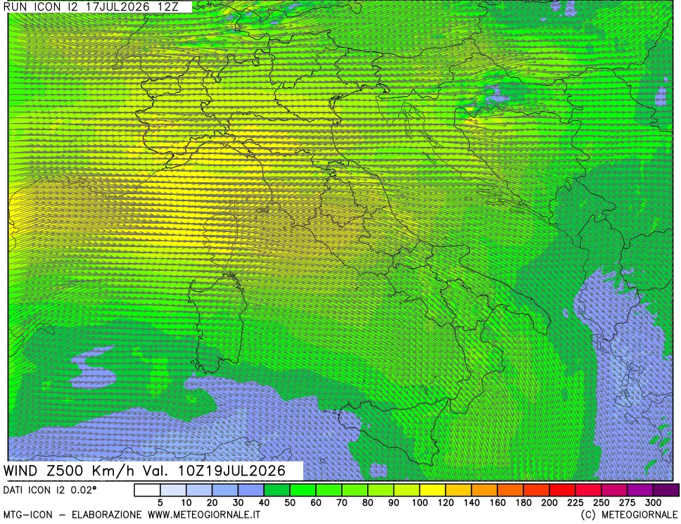 mappa 500 hPa Vento forza e direzione