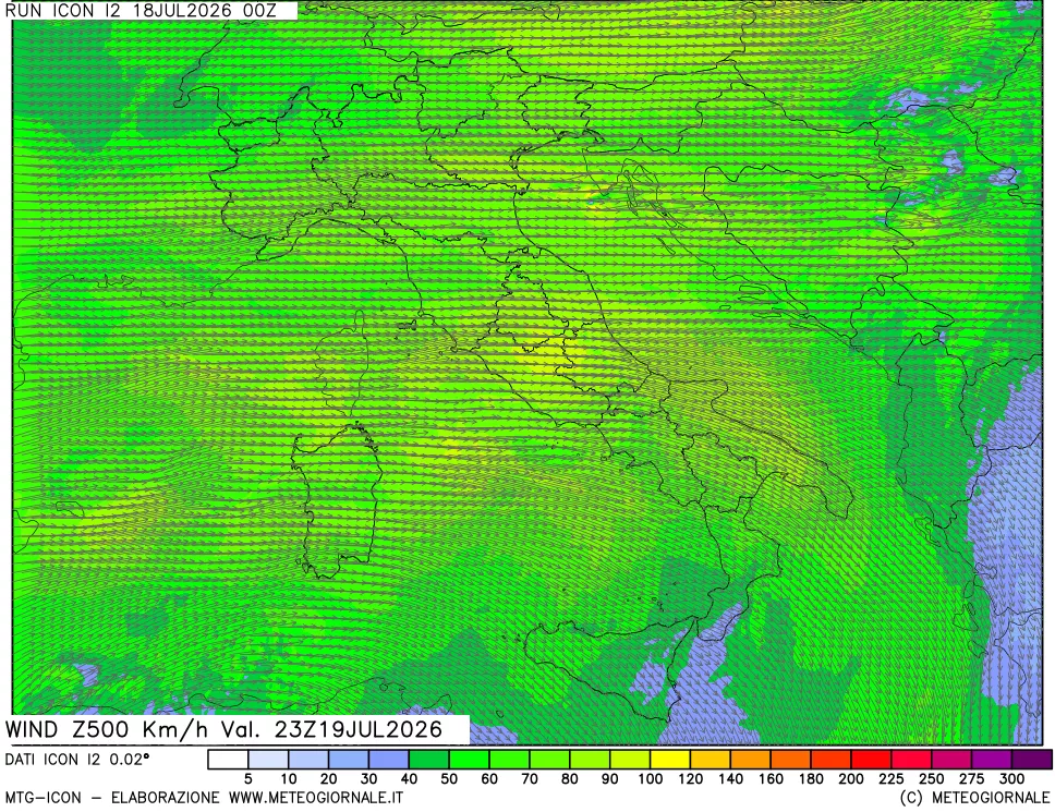 mappa 500 hPa Vento forza e direzione