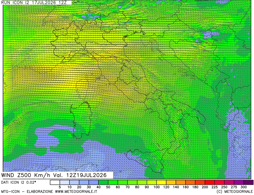 mappa 500 hPa Vento forza e direzione