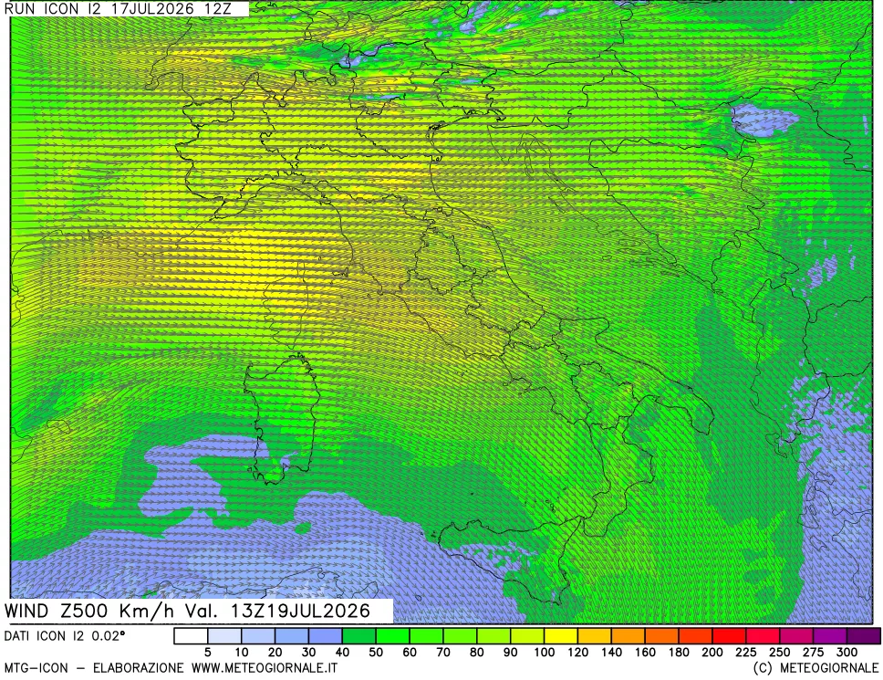 mappa 500 hPa Vento forza e direzione