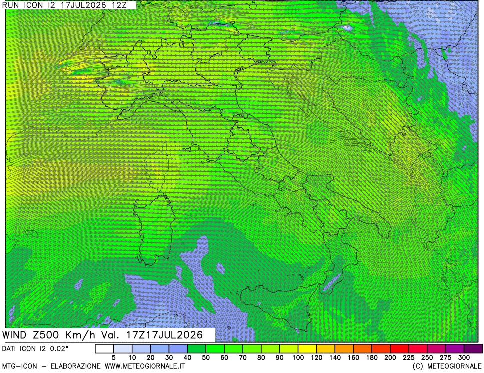 mappa 500 hPa Vento forza e direzione