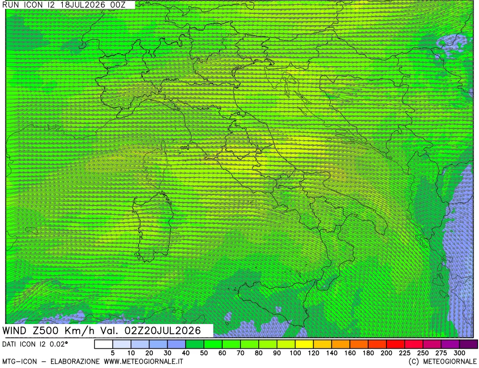 mappa 500 hPa Vento forza e direzione