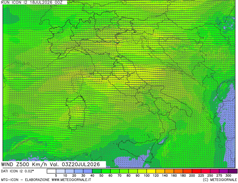 mappa 500 hPa Vento forza e direzione