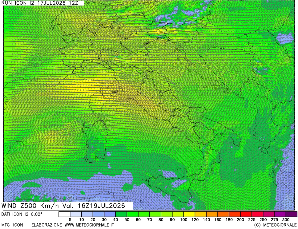 mappa 500 hPa Vento forza e direzione