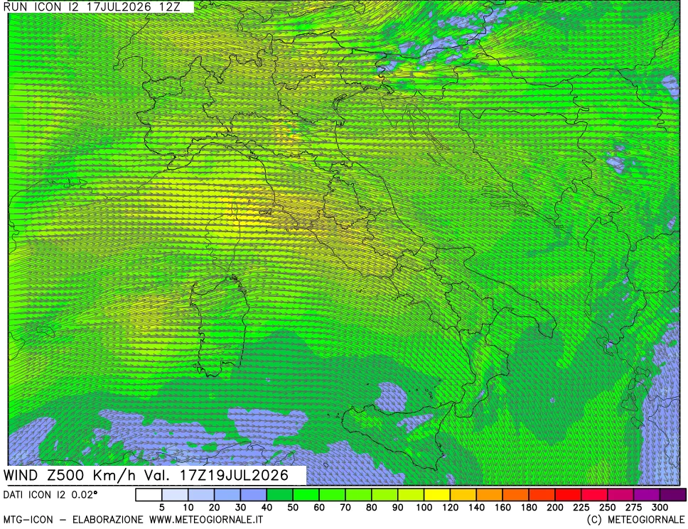 mappa 500 hPa Vento forza e direzione