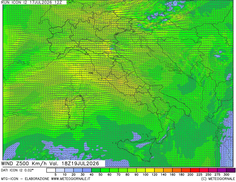 mappa 500 hPa Vento forza e direzione