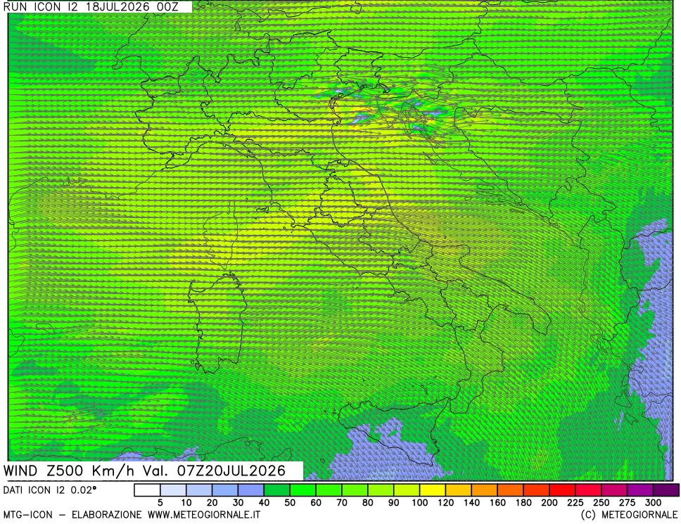 mappa 500 hPa Vento forza e direzione