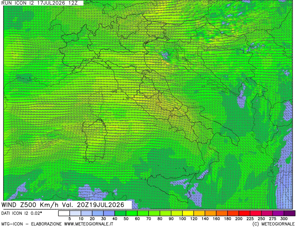 mappa 500 hPa Vento forza e direzione