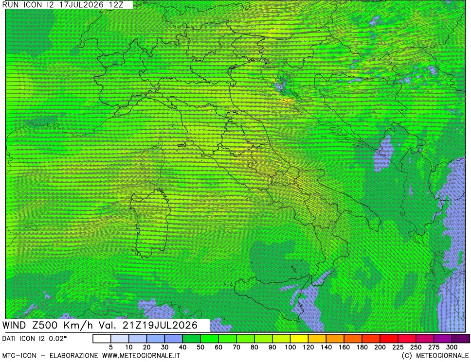 mappa 500 hPa Vento forza e direzione