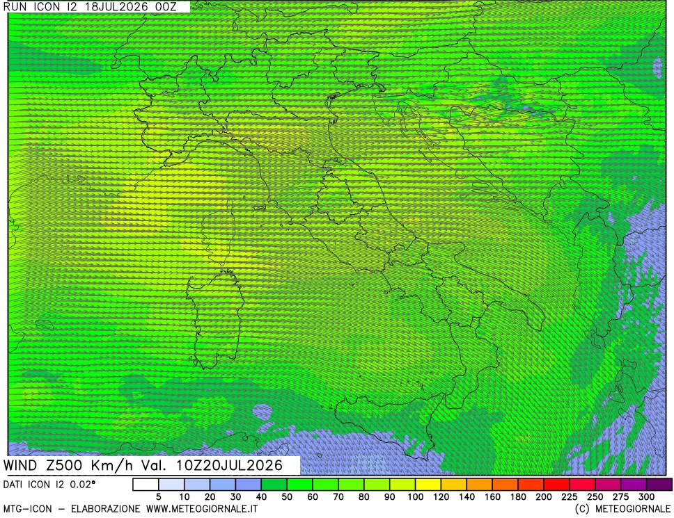 mappa 500 hPa Vento forza e direzione