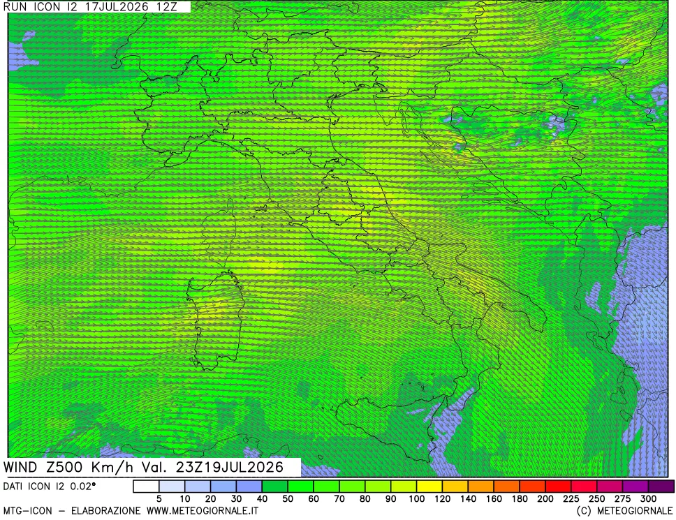 mappa 500 hPa Vento forza e direzione