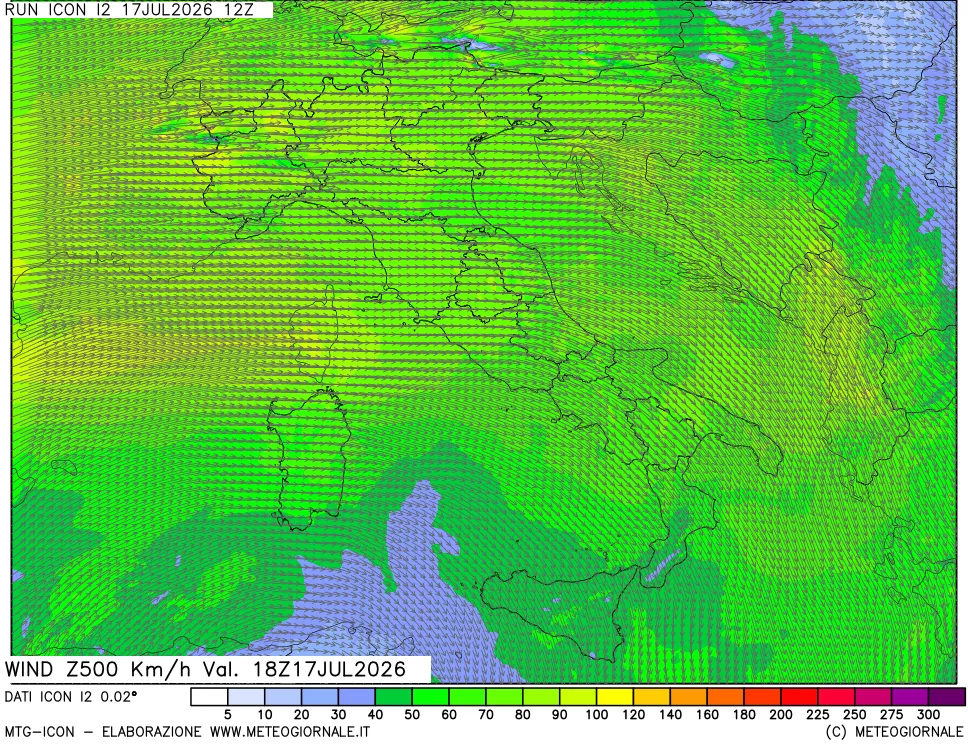 mappa 500 hPa Vento forza e direzione