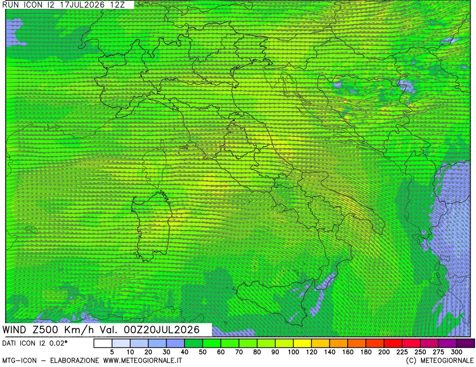 mappa 500 hPa Vento forza e direzione