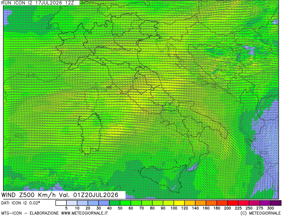 mappa 500 hPa Vento forza e direzione