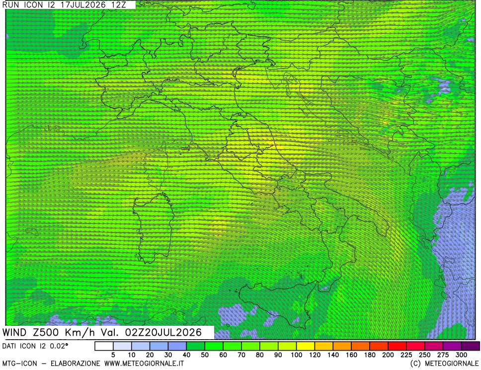 mappa 500 hPa Vento forza e direzione