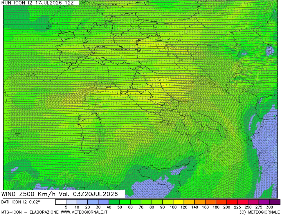 mappa 500 hPa Vento forza e direzione