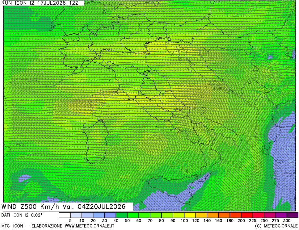 mappa 500 hPa Vento forza e direzione