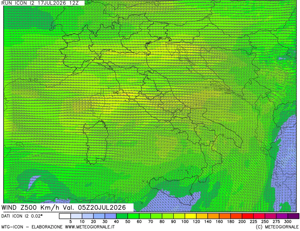 mappa 500 hPa Vento forza e direzione