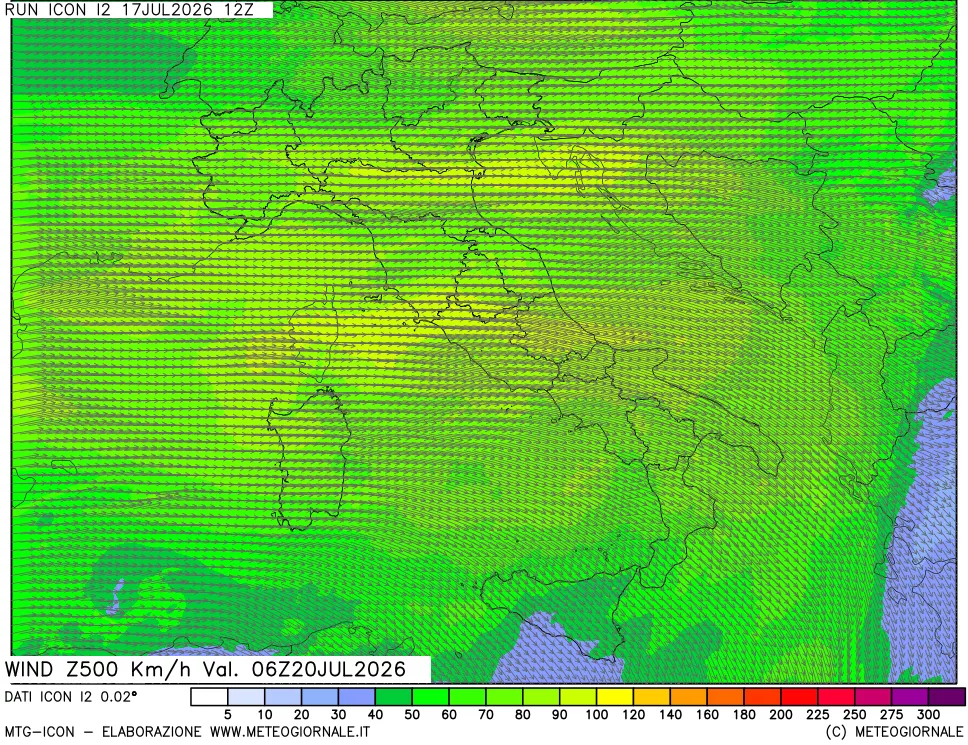 mappa 500 hPa Vento forza e direzione