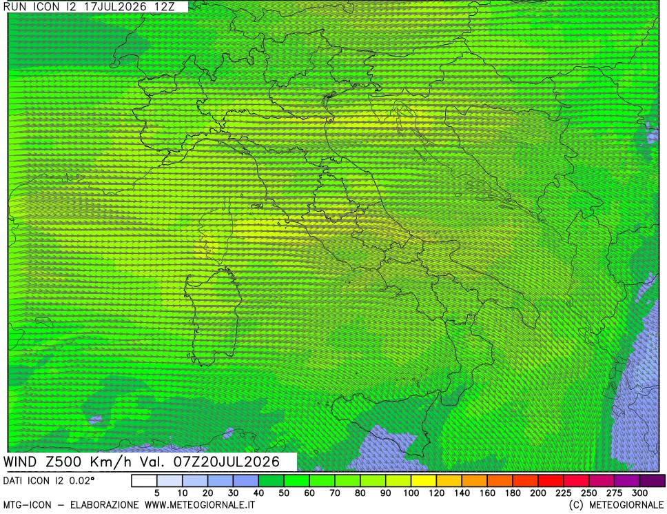 mappa 500 hPa Vento forza e direzione