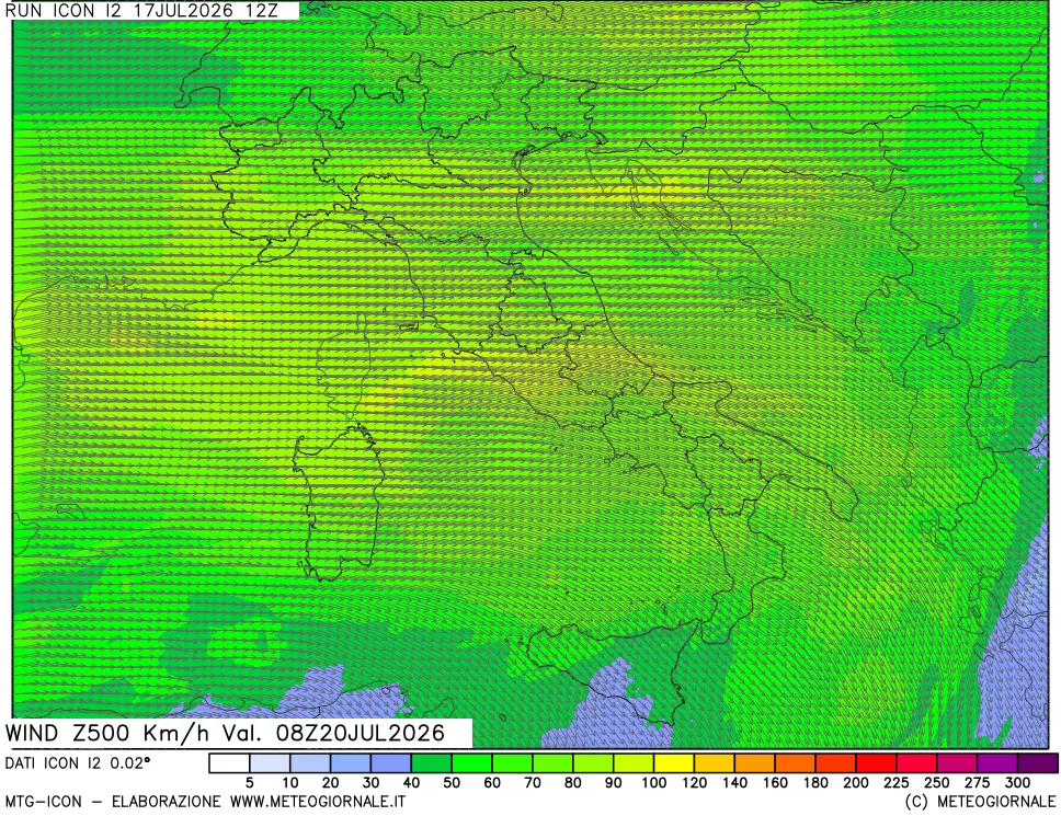 mappa 500 hPa Vento forza e direzione