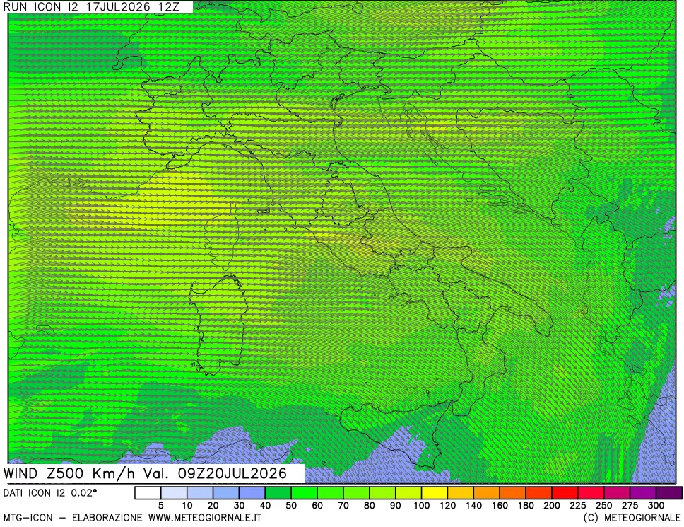 mappa 500 hPa Vento forza e direzione