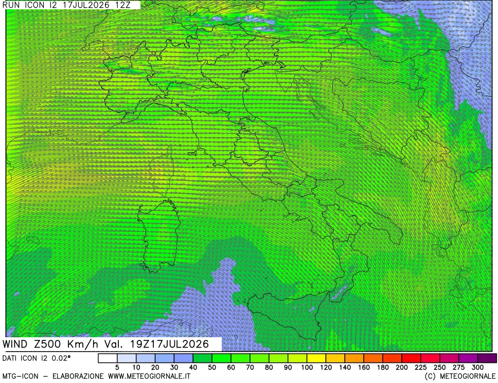 mappa 500 hPa Vento forza e direzione