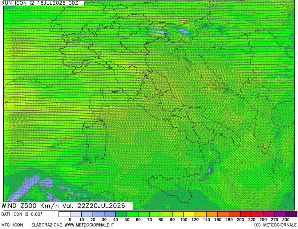 mappa 500 hPa Vento forza e direzione