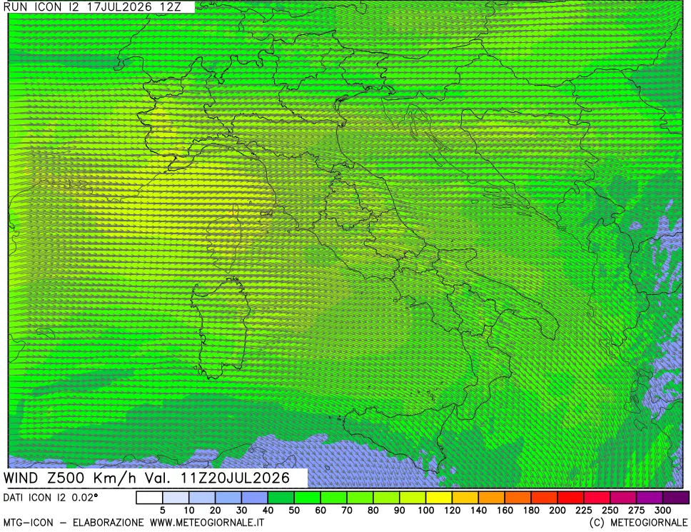 mappa 500 hPa Vento forza e direzione