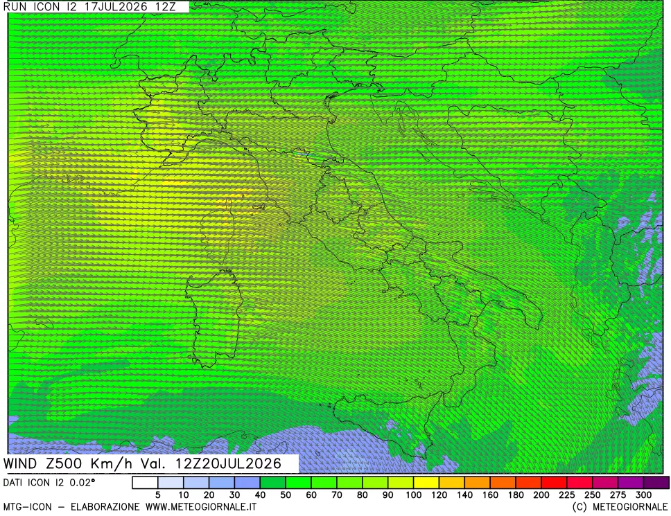 mappa 500 hPa Vento forza e direzione