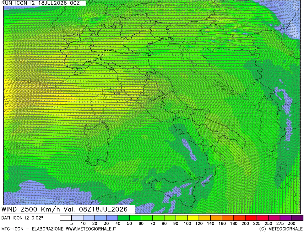 mappa 500 hPa Vento forza e direzione