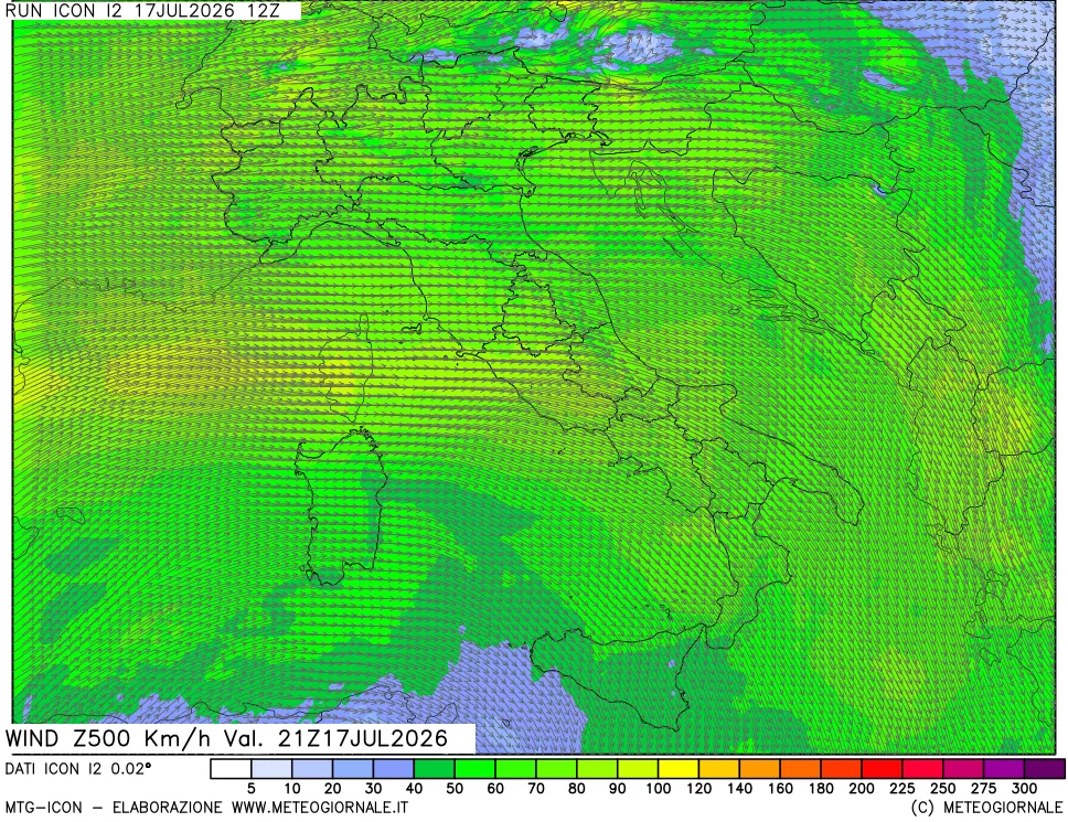 mappa 500 hPa Vento forza e direzione
