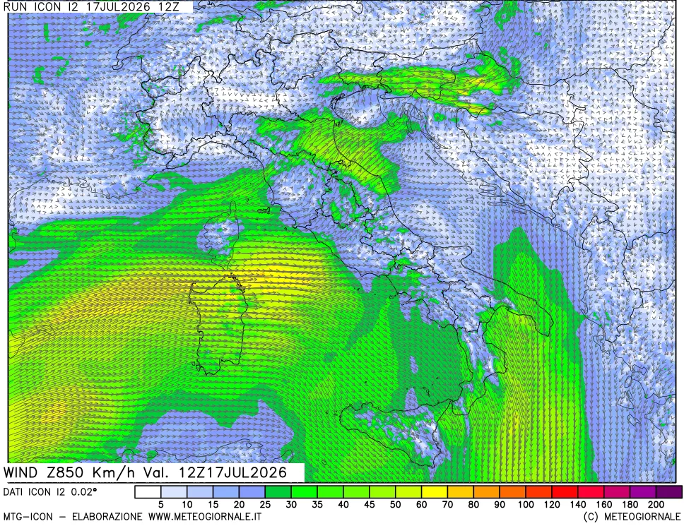 mappa 850 hPa Vento forza e direzione
