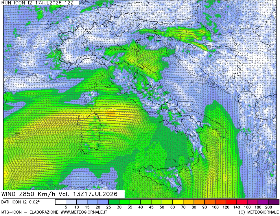 mappa 850 hPa Vento forza e direzione
