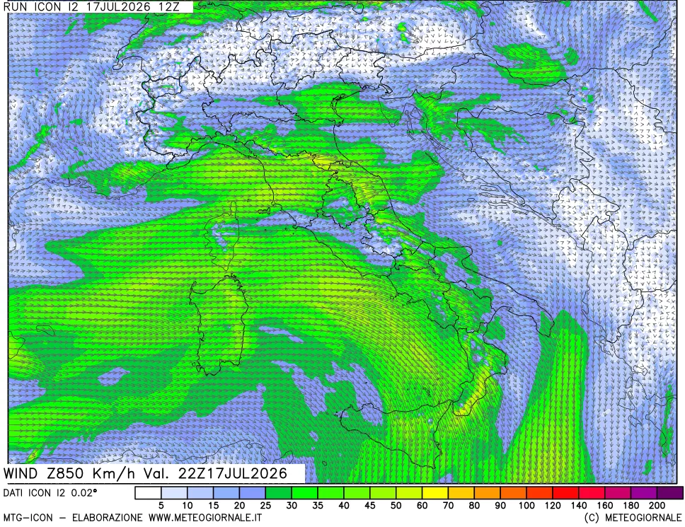 mappa 850 hPa Vento forza e direzione
